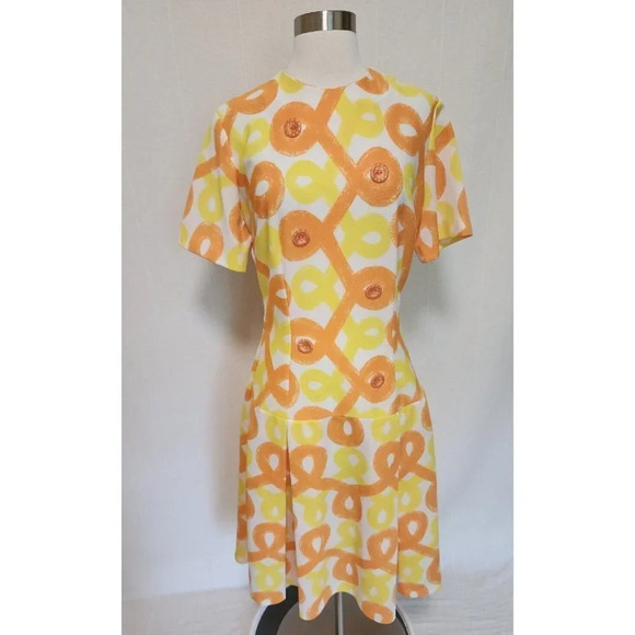 Womens 70s Vintage Party Dress Yellow Orange Printed Pleated Mod - Picture 1 of 7